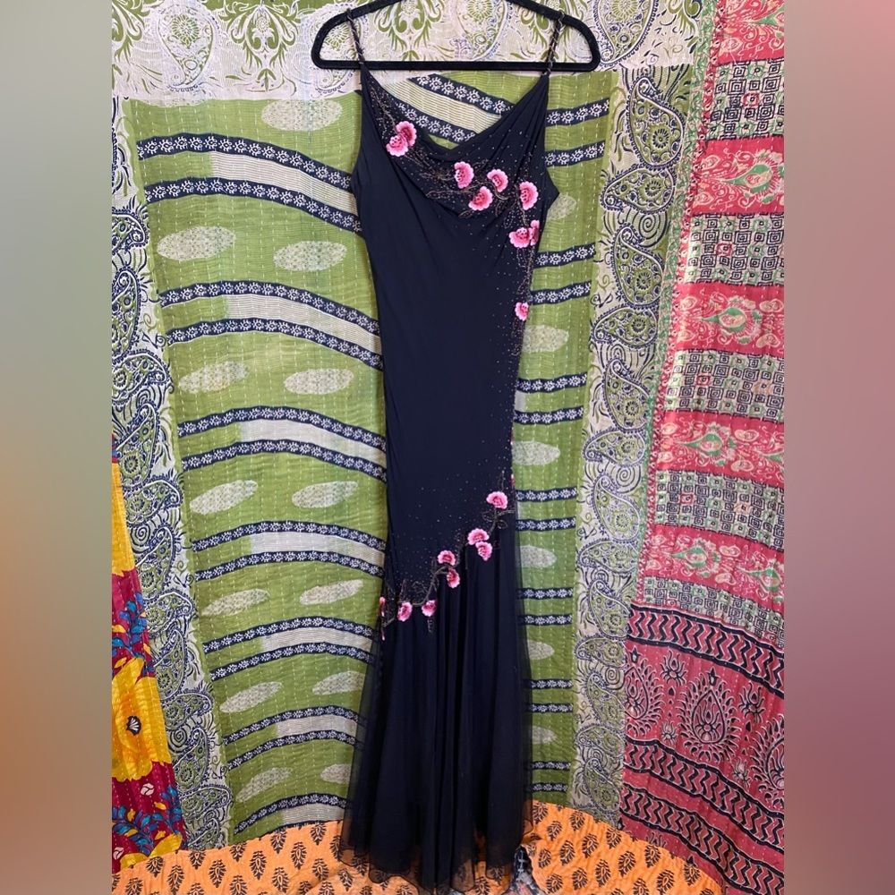 Y2K Xscape Black/ Pink Annabella Silk Beaded Floral Mermaid Maxi Slip Dress